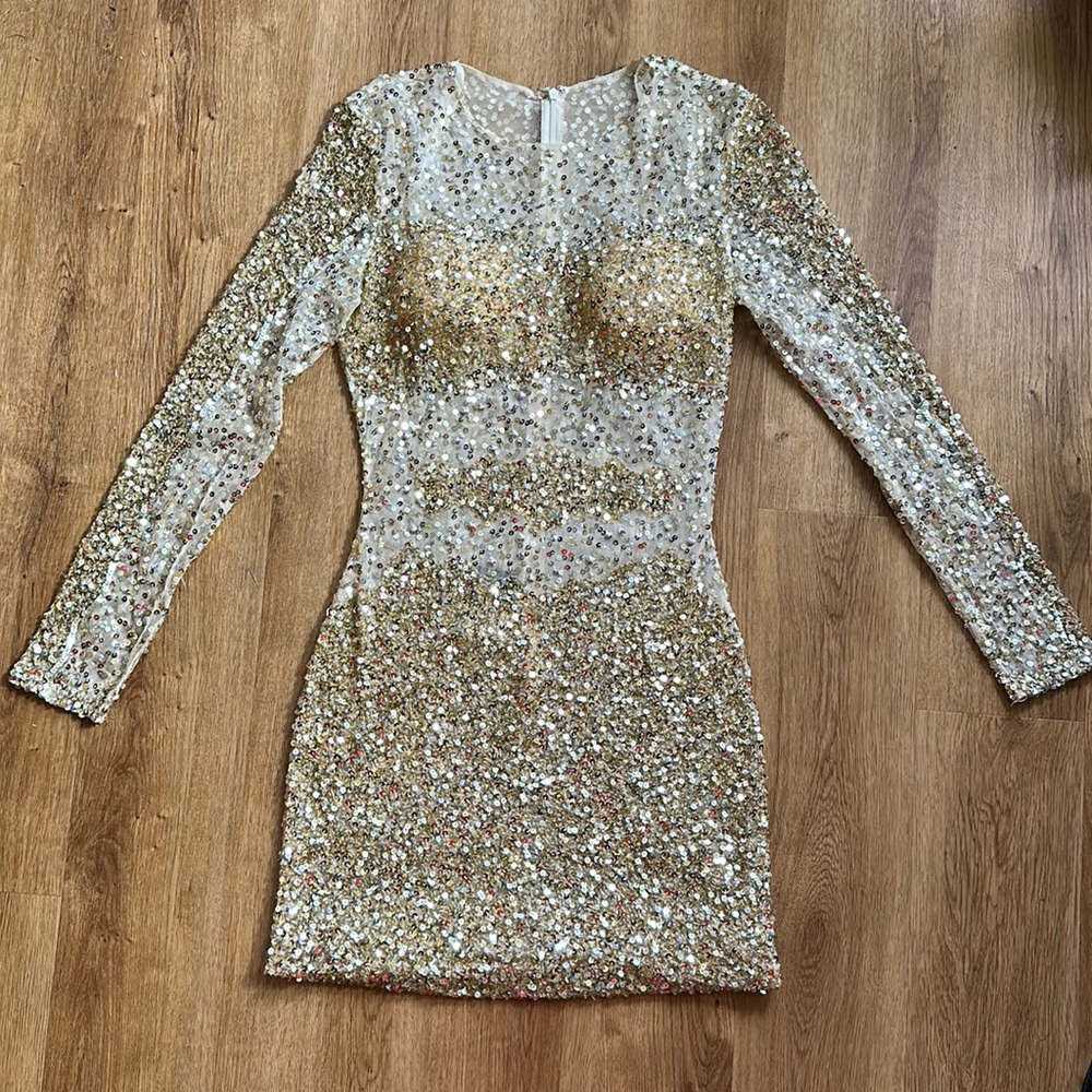 Primavera Couture Long Sleeve Sequined Dress Homecoming Prom Bachelorette
